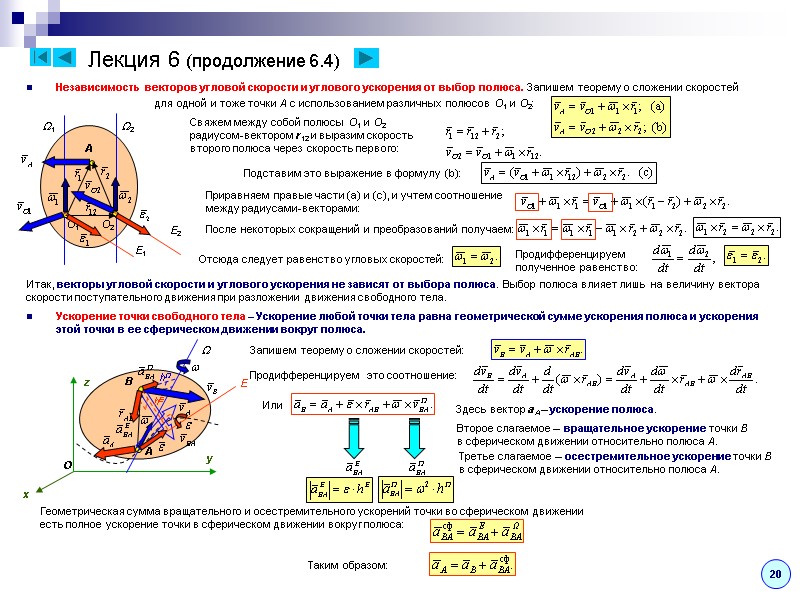 Лекция 6 (продолжение 6.4) Независимость векторов угловой скорости и углового ускорения от выбор полюса.